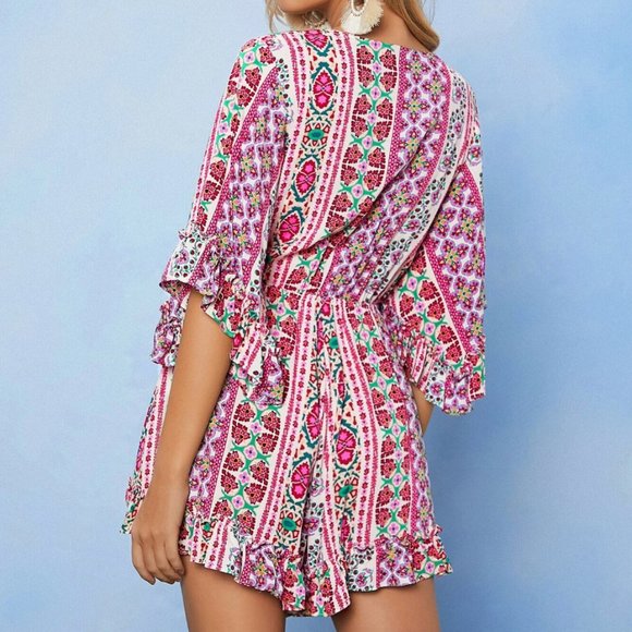 Boho Flounce Sleeve Tie Front Floral Romper - Picture 5 of 7